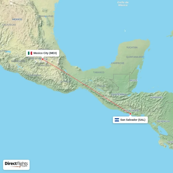 Mexico City - San Salvador direct flight map