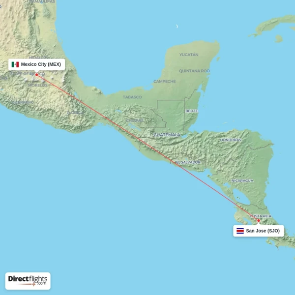 Mexico City - San Jose direct flight map