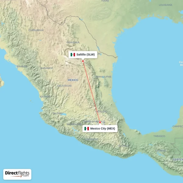 Mexico City - Saltillo direct flight map
