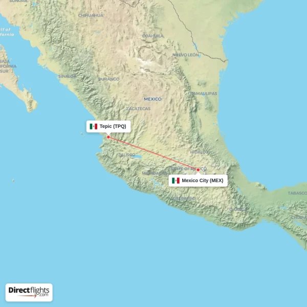 Mexico City - Tepic direct flight map