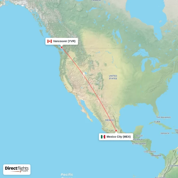 Mexico City - Vancouver direct flight map