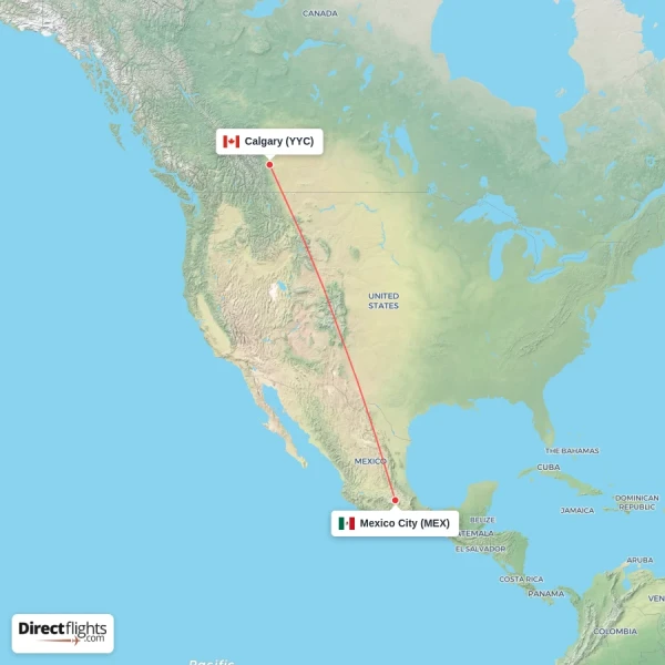 Mexico City - Calgary direct flight map