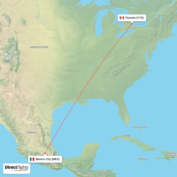 Mexico City - Toronto direct flight map
