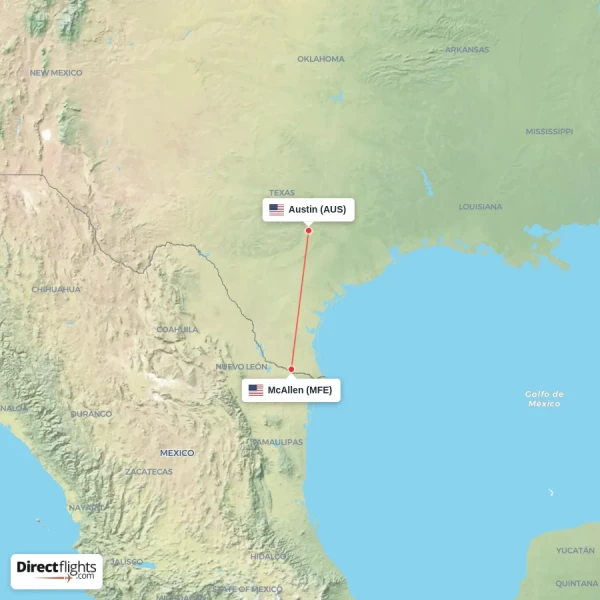 McAllen - Austin direct flight map