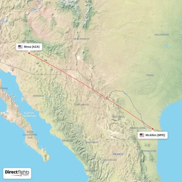 McAllen - Mesa direct flight map