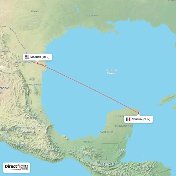 McAllen - Cancun direct flight map