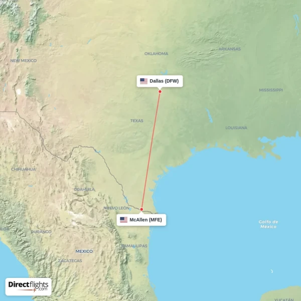 McAllen - Dallas direct flight map