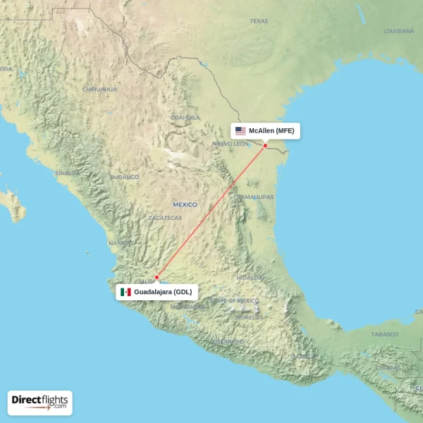 McAllen - Guadalajara direct flight map