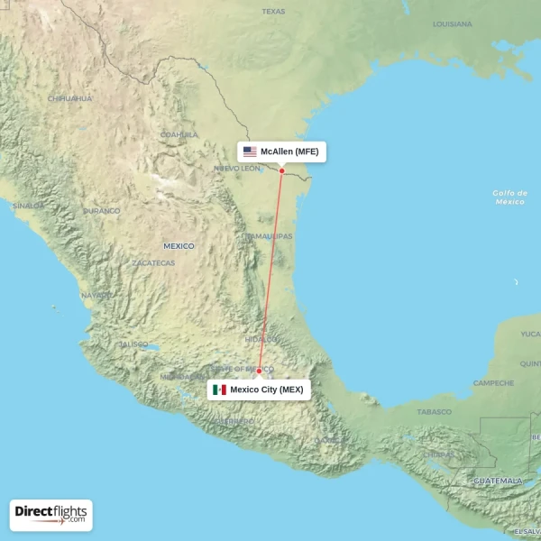 McAllen - Mexico City direct flight map