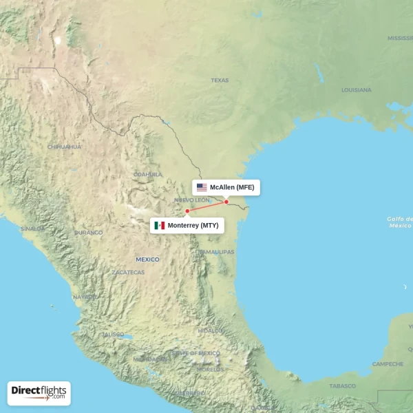 McAllen - Monterrey direct flight map
