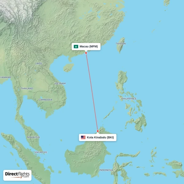 Macau - Kota Kinabalu direct flight map