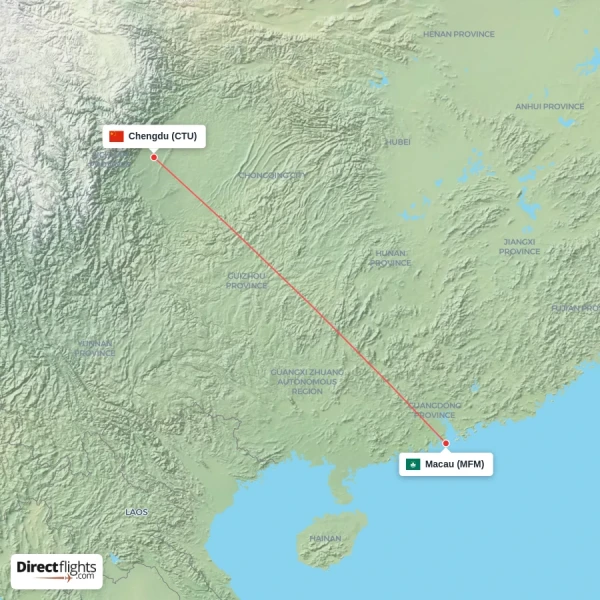 Macau - Chengdu direct flight map