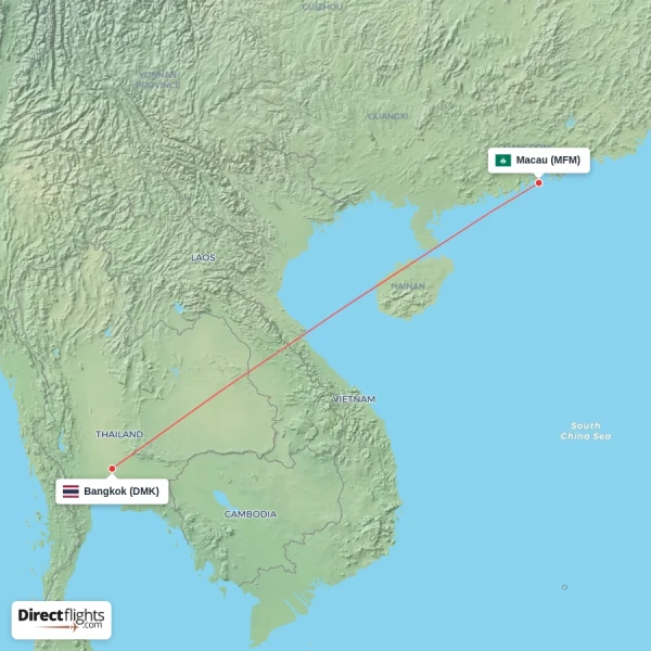 Macau - Bangkok direct flight map