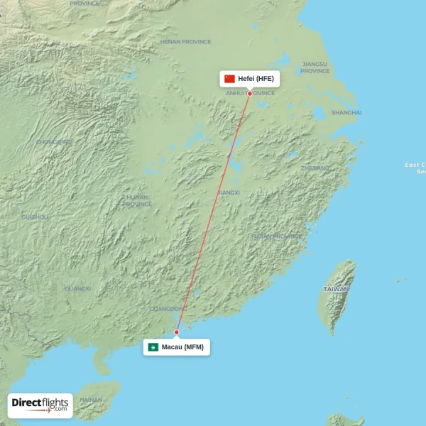 Macau - Hefei direct flight map