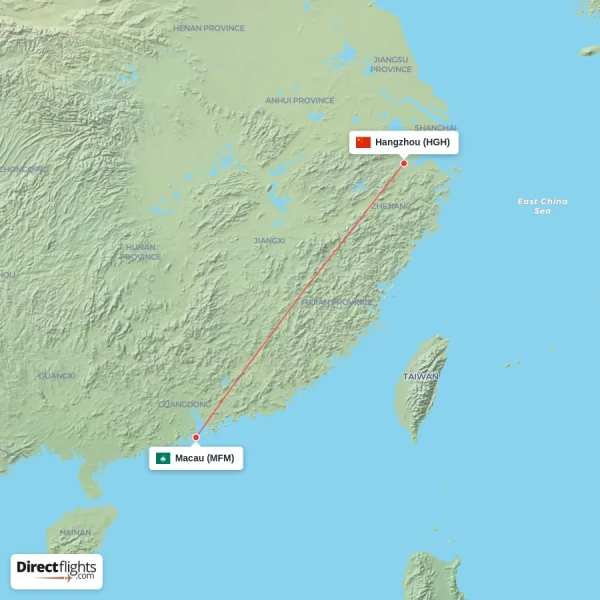 Macau - Hangzhou direct flight map