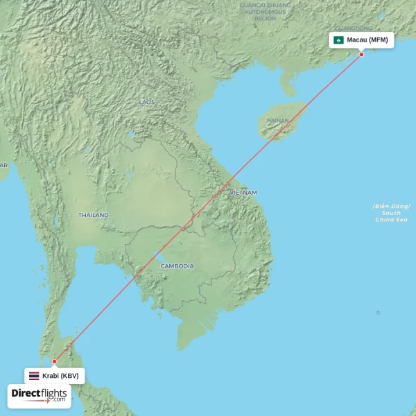 Macau - Krabi direct flight map