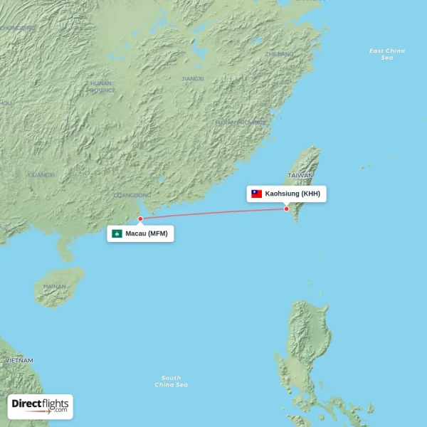 Macau - Kaohsiung direct flight map