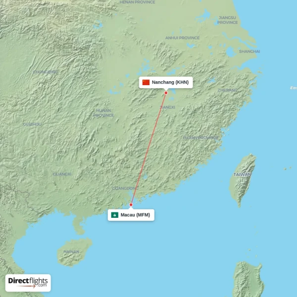 Macau - Nanchang direct flight map