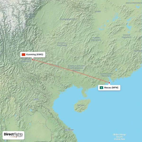 Macau - Kunming direct flight map