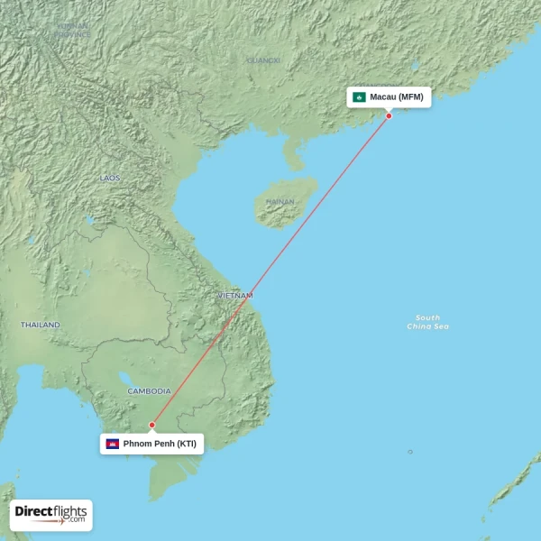 Macau - Phnom Penh direct flight map