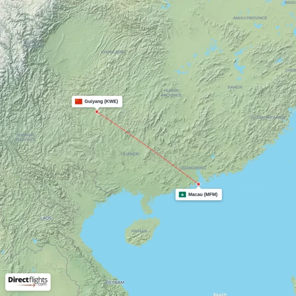 Macau - Guiyang direct flight map