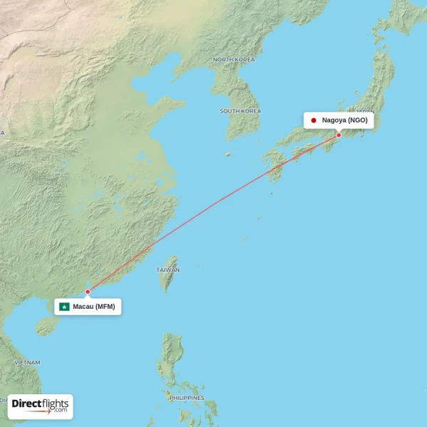 Macau - Nagoya direct flight map