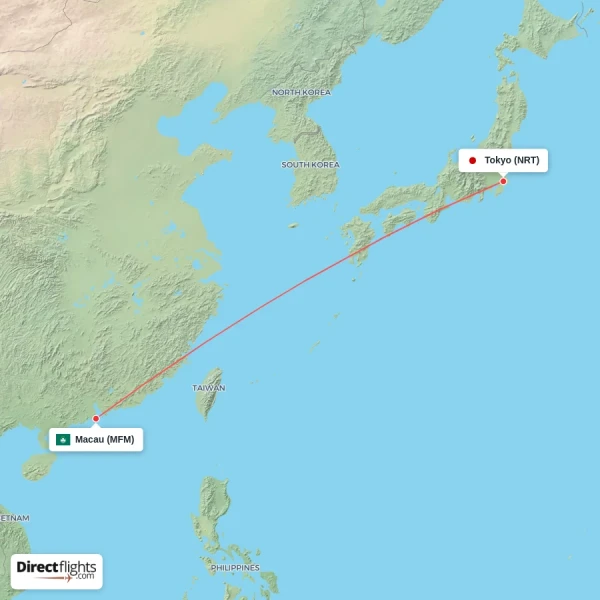 Macau - Tokyo direct flight map