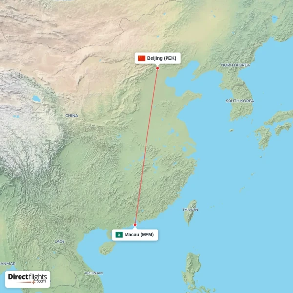 Macau - Beijing direct flight map