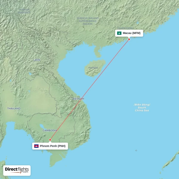 Macau - Phnom Penh direct flight map