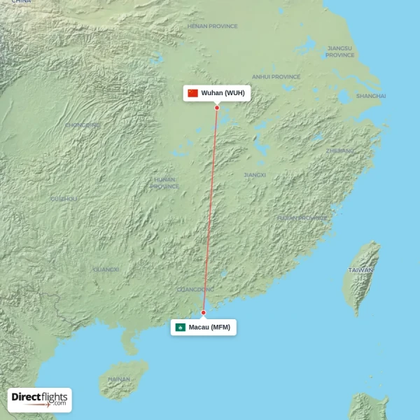 Macau - Wuhan direct flight map