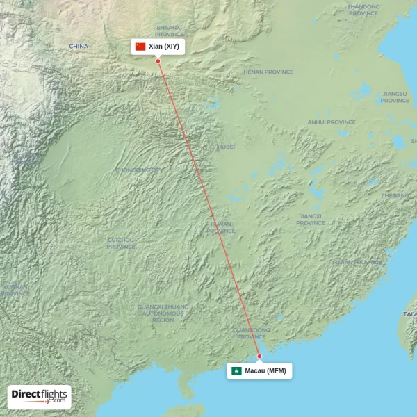 Macau - Xian direct flight map