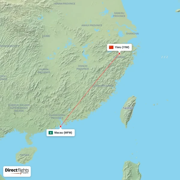 Macau - Yiwu direct flight map