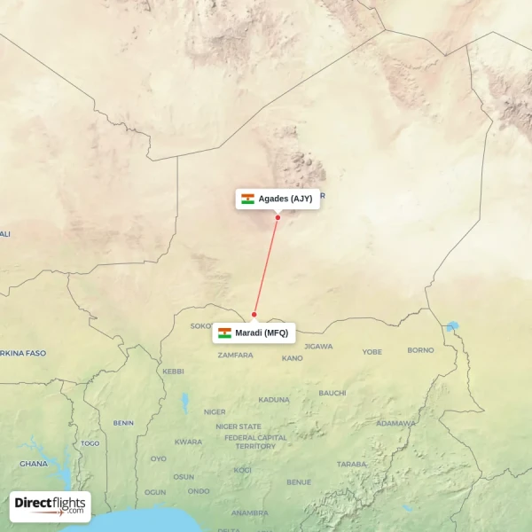 Maradi - Agades direct flight map