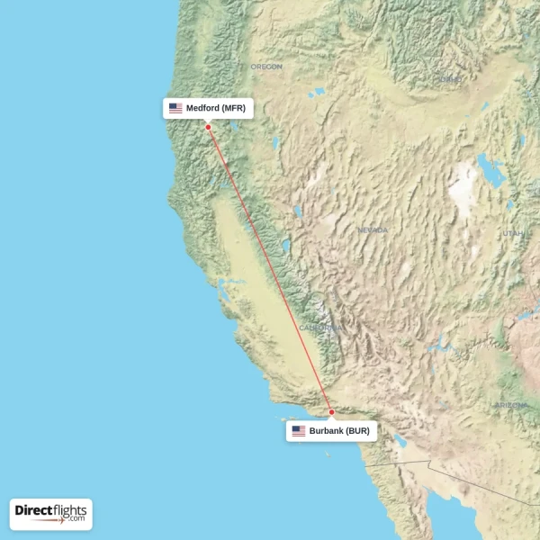 Medford - Burbank direct flight map