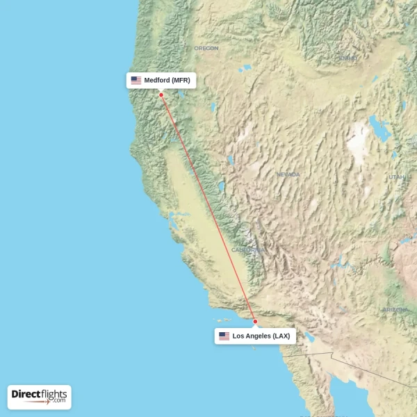 Medford - Los Angeles direct flight map