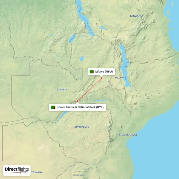 Mfuwe - Lower Zambezi National Park direct flight map
