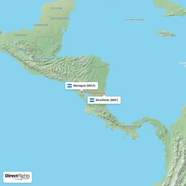 Managua - Bluefields direct flight map