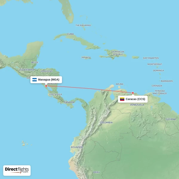 Managua - Caracas direct flight map