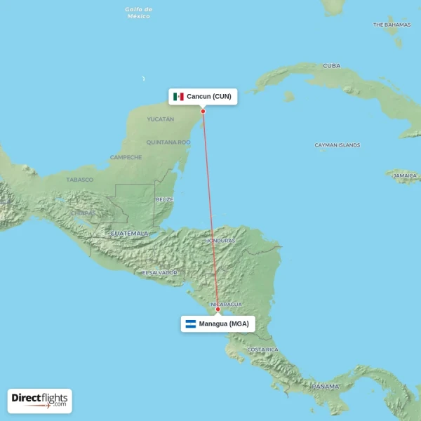 Managua - Cancun direct flight map