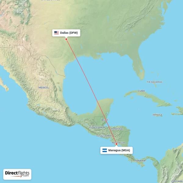 Managua - Dallas direct flight map