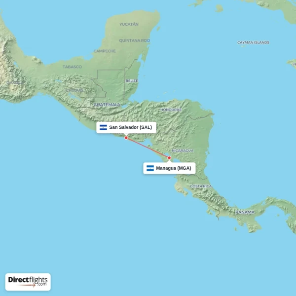 Managua - San Salvador direct flight map