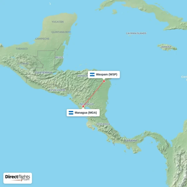 Managua - Waspam direct flight map