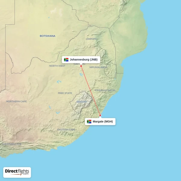 Margate - Johannesburg direct flight map