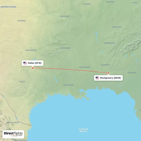Montgomery - Dallas direct flight map