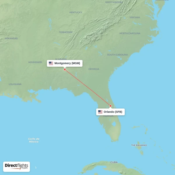 Montgomery - Orlando direct flight map
