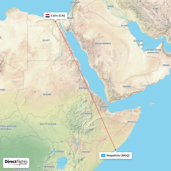 Mogadishu - Cairo direct flight map