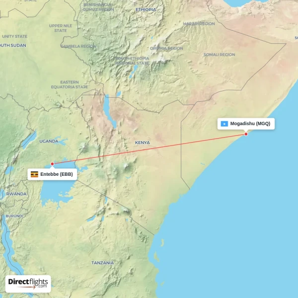 Mogadishu - Entebbe direct flight map