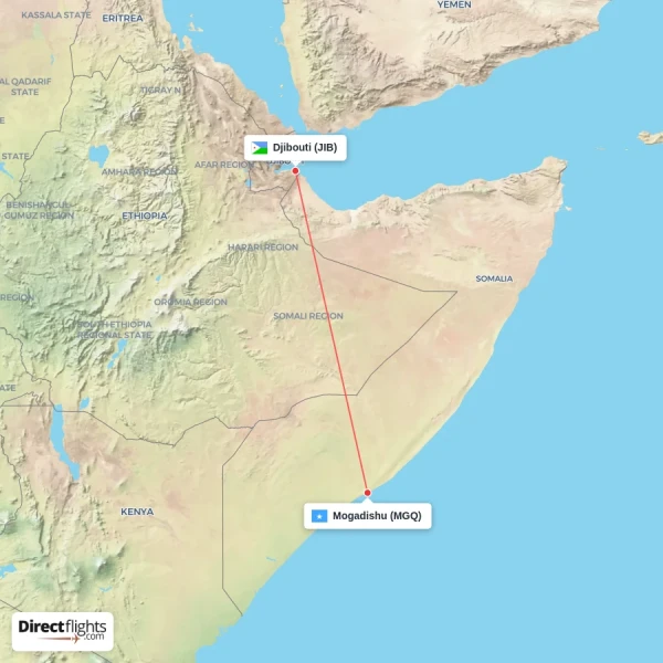 Mogadishu - Djibouti direct flight map