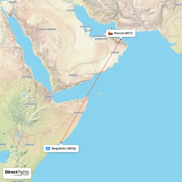 Mogadishu - Muscat direct flight map