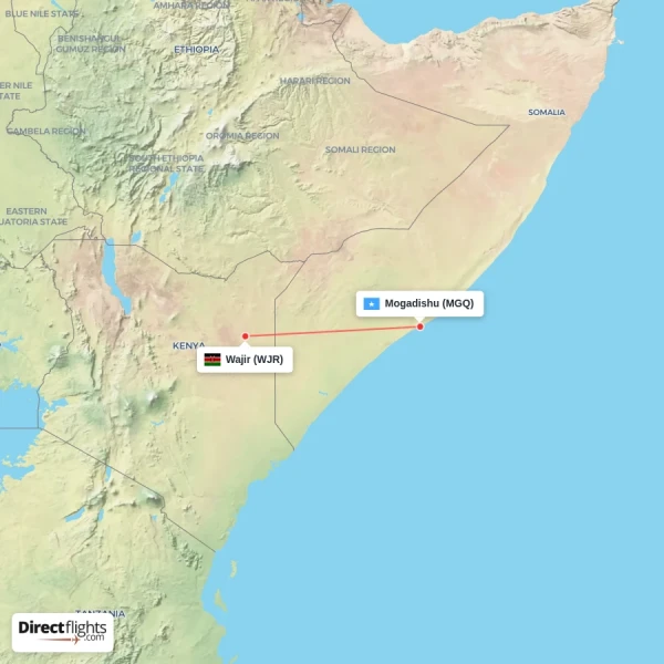 Mogadishu - Wajir direct flight map